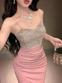 YHHDAZY Vestido de slip con abertura lateral a cuadros y bloque de color elegante para mujer, vestido de boda, vestido de fiesta, vestido largoYHH - Rosa - Ver 6