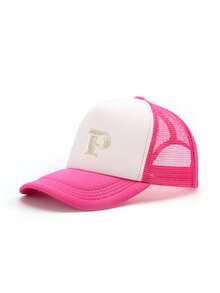 1 pieza Gorra de camión con diseño de letras, gorra de béisbol de malla con diseño de 26 alfabetos con estilo de moda Y2K, ajustable, ligera de 5 paneles, adecuada para primavera/otoño, exterior, viajes y playa - Rosa blanca - Ver 31