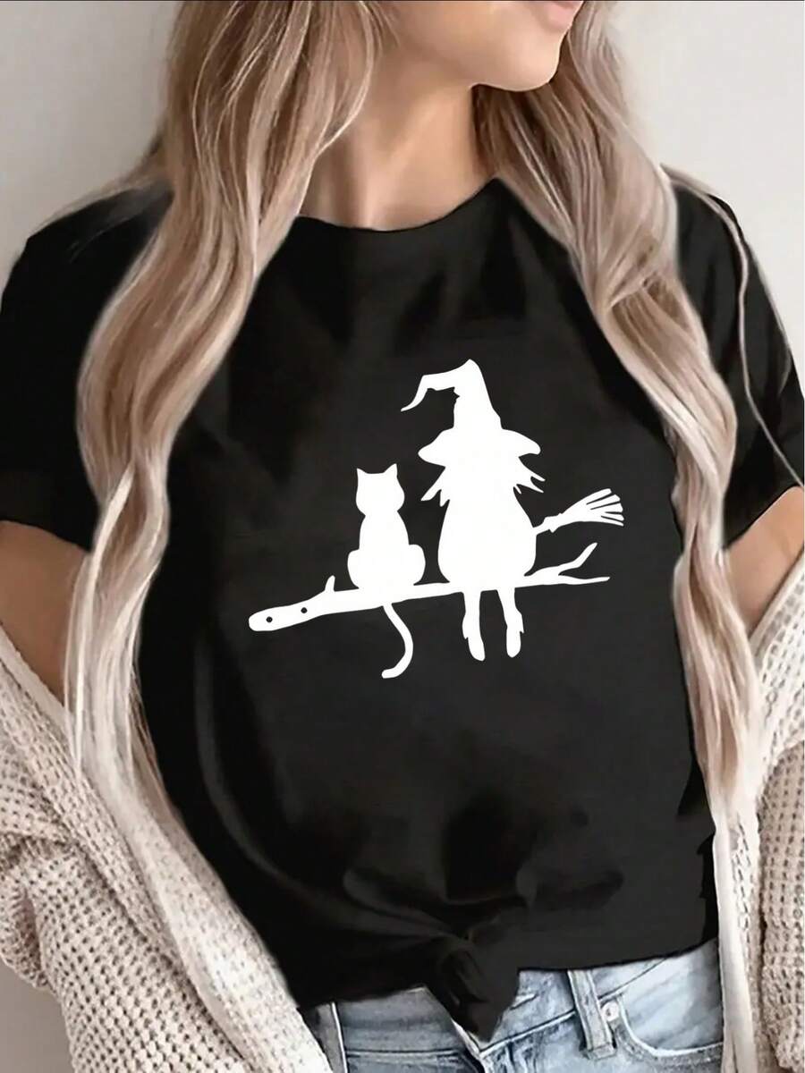 Women's Short Sleeve T-Shirt With White Witch And Cat Print - Casual Black Crew Neck Top With Witch's Broom Design, Lightweight And Durable Polyester Fabric, Suitable For Halloween Costumes And Daily Wear, Comfortable Witch-Themed Outfit. - 黑色 - 查看 1
