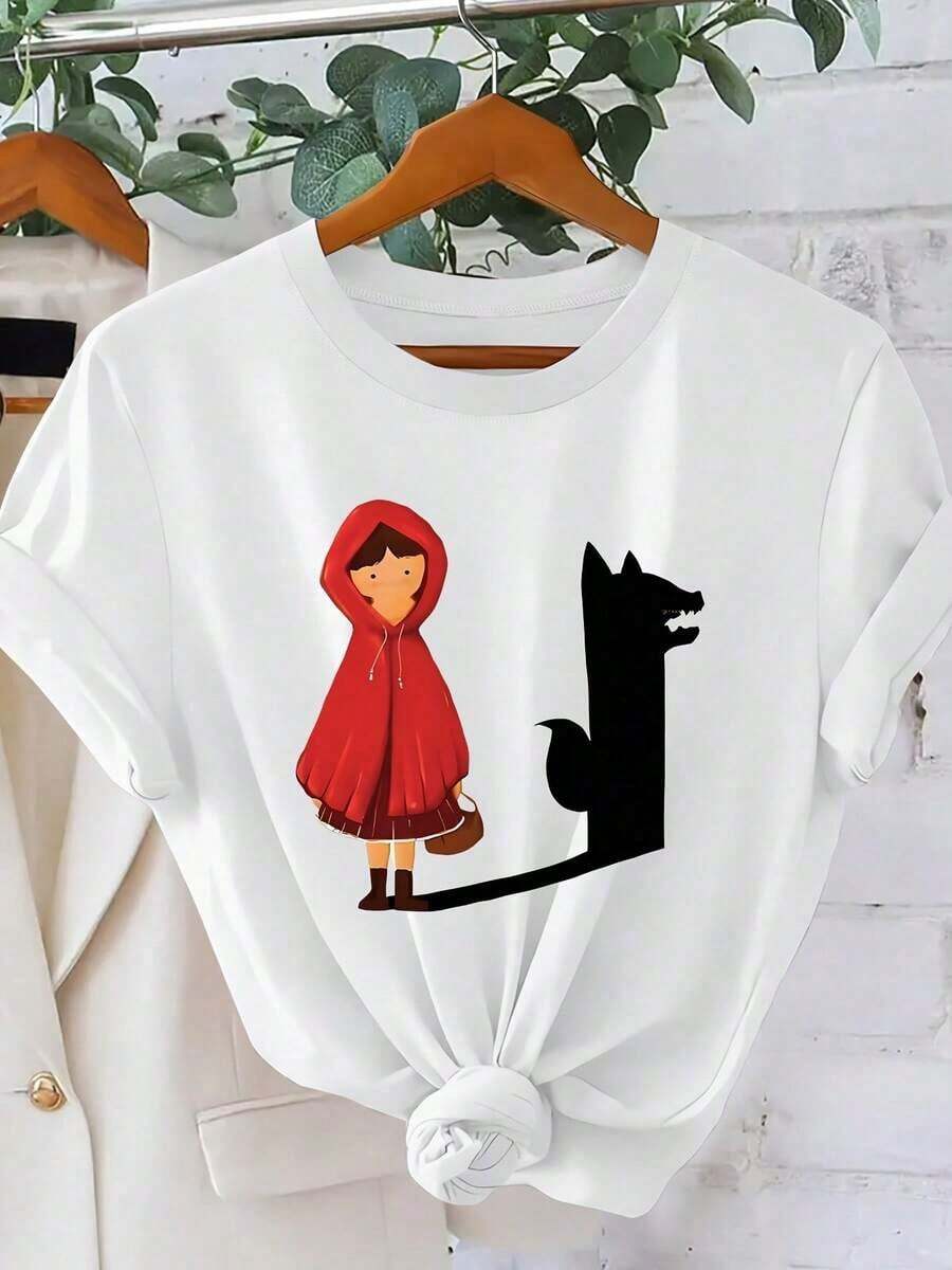 Under The Radar Women's T-Shirt With Little Red Riding Hood And Wolf Silhouette - Fairy Tale Print, Crew Neck, Short Sleeve, Machine Washable - Blouse For Elegant And Everyday Looks (Little Red Riding Hood Graphic) - Vintage Street Style Unisex Loose Cotton Short Sleeve Crew Neck T-Shirt - 白色 - 查看 1