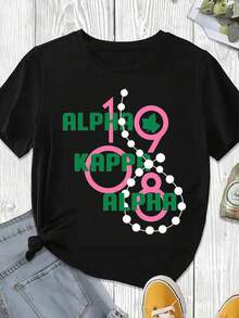 Elegante y casual para mujer, manga corta, camiseta Alpha Sorority con diseño de letras griegas 1908 y trébol, ropa casual blanca para mujer, primavera verano. - Negro - Ver 3