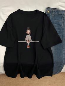 Women's Oversized T-Shirt -  Loose Fit Casual Streetwear Top with Cute Everyday character, Lightweight Breathable Everyday Shirt for Women, Summer Fashion, Cartoon Print, Soft Material, Short Sleeve Tee, Adults - Negro - Ver 1