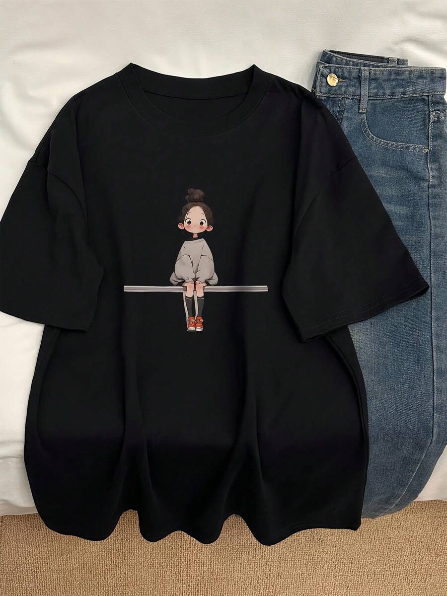 Women's Oversized T-Shirt - Loose Fit Casual Streetwear Top with Cute Everyday character, Lightweight Breathable Everyday Shirt for Women, Summer Fashion, Cartoon Print, Soft Material, Short Sleeve Tee, Adults - Negro - Ver 1