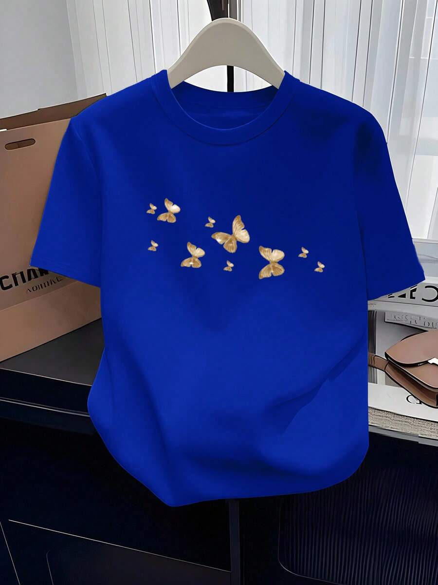 New Spring And Summer Printed T-Shirt For Women, Versatile Casual And Fashionable Loungewear, Round Neck T-Shirt, Stylish And Casual, Simple 2D Pattern Print T-Shirt, Comfortable And Casual Round Neck T-Shirt For Women, Loose Casual T-Shirt For Women, Suitable For Any Occasion. -Unisex Cotton Loose Short Sleeve Round Neck Urban Vintage Style T-Shirt. - 藍色 - 查看 1