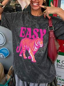 夏季新款休闲扎染字母虎纹印花圆领短袖T恤，时尚百搭女式上衣，黑色 - 黑色 - 查看 2