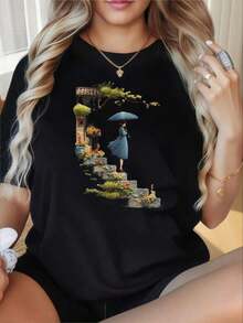 Camiseta de manga corta para mujerCamisetaConRedondoCuelloYCortoMangas,DiversiónImpresoraVestirTCamisaConJardínEscaleraYParaguasChicaImprimirInformalVeranoSuperiorModaDeclaraciónPiezaAdecuadaParaDía de San ValentínDía de NavidadDeportes de GrupoActividadesVacacionalesFestivales y eventos deportivosYOtrosVacacionesRegalos().Camiseta de verano - Negro - Ver 5