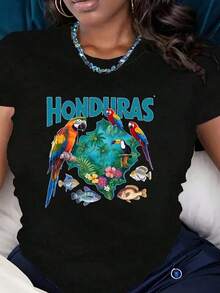 Nuevas llegadas para el verano. Camiseta de manga corta para mujer con estampado de mapa de Honduras, loros, aves tropicales, flores y peces. Ropa casual de verano, tela cómoda, perfecta como regalo. Blusa, camisa > Hermosa. - Negro - Ver 11