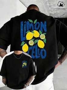 GiftLimoncello Lemon Print T-Shirt, American Summer Style, Pure Cotton Breathable Short Sleeve T-Shirt, Double-Sided Hand-Drawn Limoncello Lemon Print T-Shirt, Summer Style For Fresh Food Enthusiasts, Men's 100% Breathable Cotton Crew Neck Short Sleeve T-Shirt, Essential For Lemon Wine Enthusiasts In Summer, American Casual Style, Beach Vacation, Soft Party Wear. - 黑色 - 查看 7