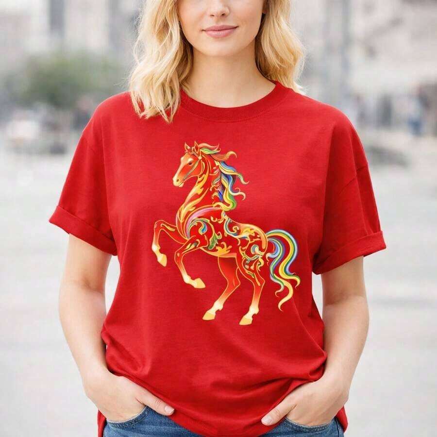 Women's Casual Cotton T-Shirt, Loose Fit, With Colorful Horse Print, Oversized Short Sleeve Casual Top, Soft And Comfortable Basic T-Shirt, Animal Print T-Shirt For Everyday Wear. - 紅色 - 查看 1