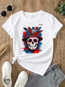 Oferta por tiempo limitado, cantidad limitada disponible,  relámpago, camisas de mujer, camisetas de mujer Playera Blanca de Mujer con Estampado de Calavera Mexicana Folclórica, Camiseta Manga Corta, Moda  Día de Muertos 2026, Ropa Comoda con Diseño Rojo y Azul, Ideal para Fiestas y Uso Diario - Blanco - Ver 4