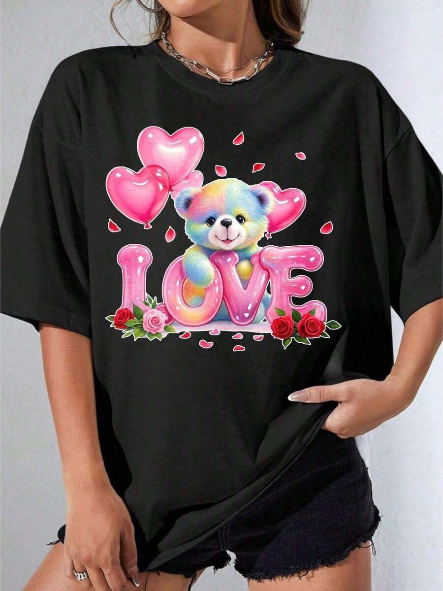 Camiseta Negra y Blanca para Niña con Estampado de Oso Adorable, Corazón, Globos y Rosas, Regalo para el Día de San Valentín para Mujeres, Ropa Casual para Fiestas al Aire Libre, Camiseta Estampada Casual de 180g - Negro - Ver 1