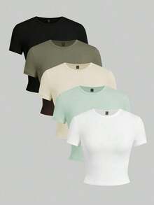 Conjunto de 5 camisetas de tirantes ajustadas de unicolor, sin mangas - Verde - Ver 1