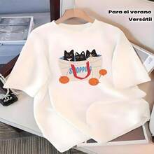 Camiseta de manga corta estilo Y2K para mujeres con un lindo estampado de gato, perfecta para el verano, de moda, versátil y holgada con cuello redondo. - Blanco - Ver 2