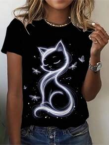 Camiseta elegante con estampado de gato, ropa casual de moda para mujer, ropa de mujer - Negro - Ver 1