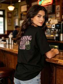 SimpieAndVersatileDesign[Front And Back Double Image] Unisex Double-Sided Printed Spring Summer Casual Women's Top Fresh Style Matcha Ice Drink Morning Matcha Club Printed Round Neck Short Sleeve T-ShirtCottonT-Shirt - Negro - Ver 5