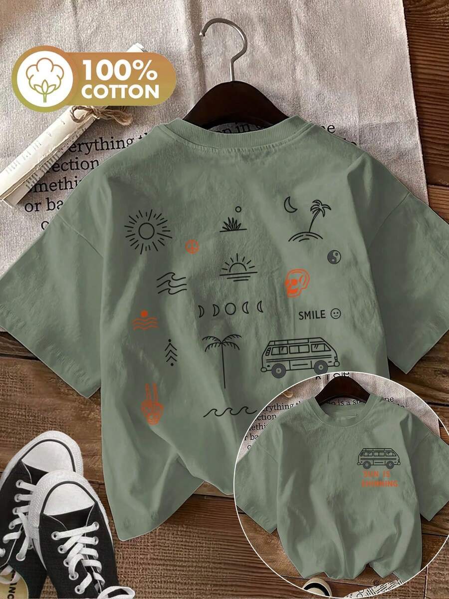 Camiseta de edición limitada con estampado gráfico, manga corta, cuello redondo, estilo casual para verano y primavera, ropa de mujer, algodón ligero. - Verde - Ver 1