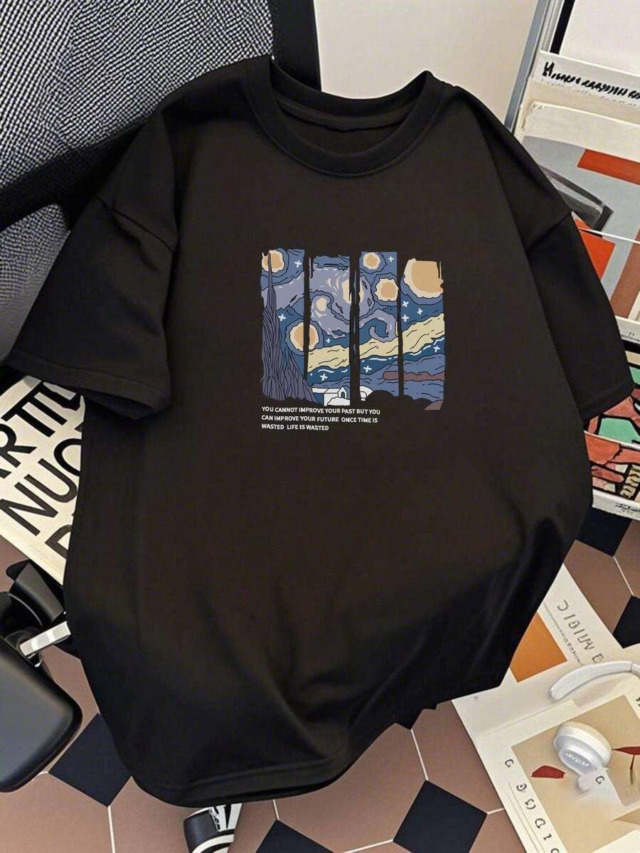 Limited EditionKpop Night Print Men-Shirts Short Sleeve Fashion Streetwear Harajuku Oversize Male Tees O-Neck Unisex Y2k ClothingLightweight Cotton - 黑色 - 查看 1