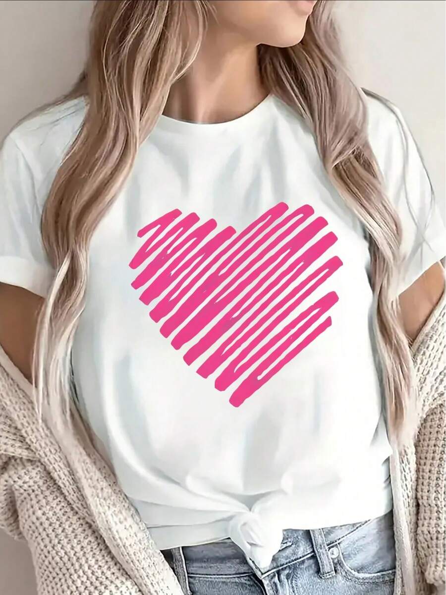 Combinación de colores blanco y negro, diseño de corazón rosa, camiseta de manga corta ligera y duradera, perfecta para usar en restaurantes o para salidas casuales en casa. - Blanco - Ver 1