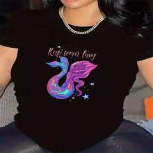 Camiseta de manga corta con cuello redondo y estampado de sirena en algodón negro para mujer, top casual y elegante de alta elasticidad con dobladillo regular. - Negro - Ver 7