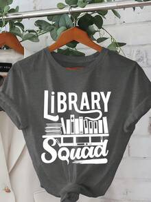 Camiseta de corte regular con estampado de bibliotecario, top casual de manga corta y cuello redondo, ropa casual diaria para mujer de primavera/verano. - Rojo - Ver 8