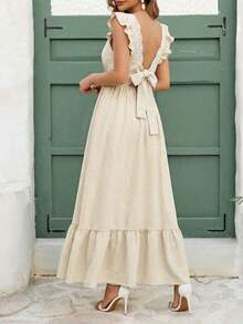 Vestido largo elegante de mujer con cintura fruncida y volantes, vestido de verano para vacaciones, vestido para citas - Albaricoque - Ver 8
