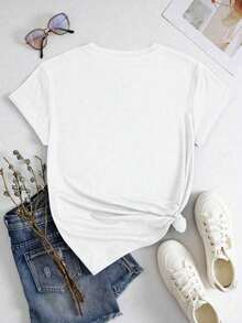 Soft Plus Size Graphic Print Round Neck Short Sleeve T-Shirt, Casual Blouse For Women, Cotton T-Shirts For Women - 白色 - 查看 2