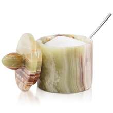 Bodega de sal de ónix con tapa de 4 pulgadas bodega de sal de mármol natural hecha a mano recipiente de sal de cocina para encimera caja de sal recargable para cocinar condimentar y comedor - Verde - Ver 9