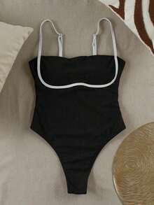 Nuevo mono azul marino sin tirantes, sólido, casual, sexy y elegante para mujer de, adecuado para la playa, vacaciones, fiestas y citas - Blanco y Negro - Ver 4