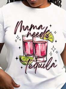 Camiseta de Mujer con Diseño Artístico de Cóctel "Mama Needs Tequila", Casual, Cuello Redondo, Manga Corta, Perfecta como Regalo de Cumpleaños, Adecuada para Usar en Todas las Temporadas, Ideal para el Uso Diario al Aire Libre. - Blanco - Ver 6