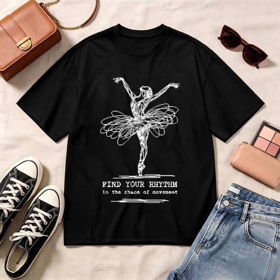 Casual Crewneck, Ballet Dancer Art, 100% Cotton, Oversized, Soft Breathable, Short Sleeve Top, Retro Aesthetic, Summer Vibes, Dance Lovers, Romantic Streetwear - Negro - Ver 1