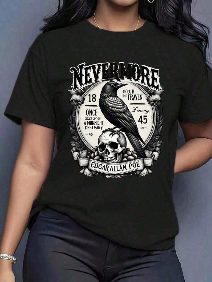 Nevermore' Inspirado en Edgar Allan Poe, Estilo Gótico|     Vintage, Estética Oscura|     Camiseta de ajuste cómodo|Perfecto para entusiastas de la literatura, camiseta de algodón holgada para uso ocasional en verano y otoño, camiseta gráfica, camiseta de anime, disfraz de Halloween, ropa Y2k, top blanco, tops para salir, ropa gótica para mujer, ropa de mujer, Y2k, estilo Old Money, camisetas gráficas para mujer, camiseta unisex para viajes de verano. - Negro - Ver 1
