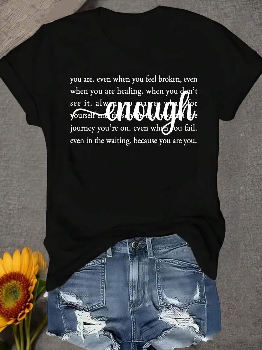 Camiseta unisex de manga corta, ADe corte holgadoTranspirableGráficoTeeparaMujeresCaracterísticasaRedondoCuello,AdornadoconElEscrito a manoFraseTúSonSuficienteYunAfirmaciónparaPromociónAmor propioYMotivaciónenInformalAtuendo de jugadorashombre, , , Dazymujer,romwehombres, bohochic,maestrasregalos,camisetaparaconjuntos de mujercon curvasparamu,y2k, - Negro - Ver 1