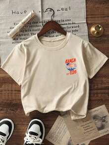 Women's Short-Sleeved, Loose-Fitting T-Shirt With A Round Neck And Slogan Print, New For Summer. A Casual And Fashionable Garment, Suitable For Everyday Wear And Vacations. Women's Oversized Graphic T-Shirt, Casual Summer - 杏 - 查看 4