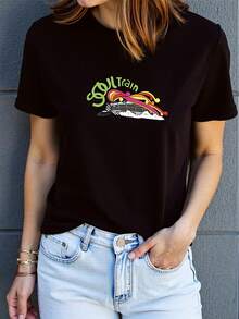 Camiseta Casual de Cuello Redondo con Estampado de Tren de Vapor de Dibujos Animados - Camiseta de Manga Corta para Mujer, Estilo Y2K, Cómoda para Todas las Temporadas, Lavable a Máquina, Atuendo Moderno con Tela de Alta Calidad[1] - Negro - Ver 1