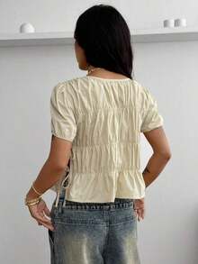 Blusas de mujer con manga corta, cuello redondo, fruncido, encaje y abertura lateral para primavera y verano, estilo Y2K ideal para citas, festivales de música y conciertos - Caqui - Ver 2