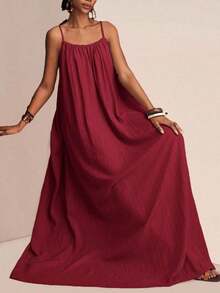 xheZivah Vestido holgado de mujer con textura vertical, corte suelto, de color caqui, de manga corta y ajustable, apropiado para el verano de 2025, festivales de música, Pascua, Día de San Patricio, estilo occidental, estilo nómada, fiestas de cumpleaños, temporada de graduación, uso casual diario, versátil, de ocio, vacaciones, viajes en crucero, playa, tomar el sol, popular en redes sociales. xhe - Burdeos 2 - Ver 5
