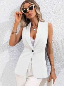 Blazer chaleco unicolor con botón - Blanco - Ver 6