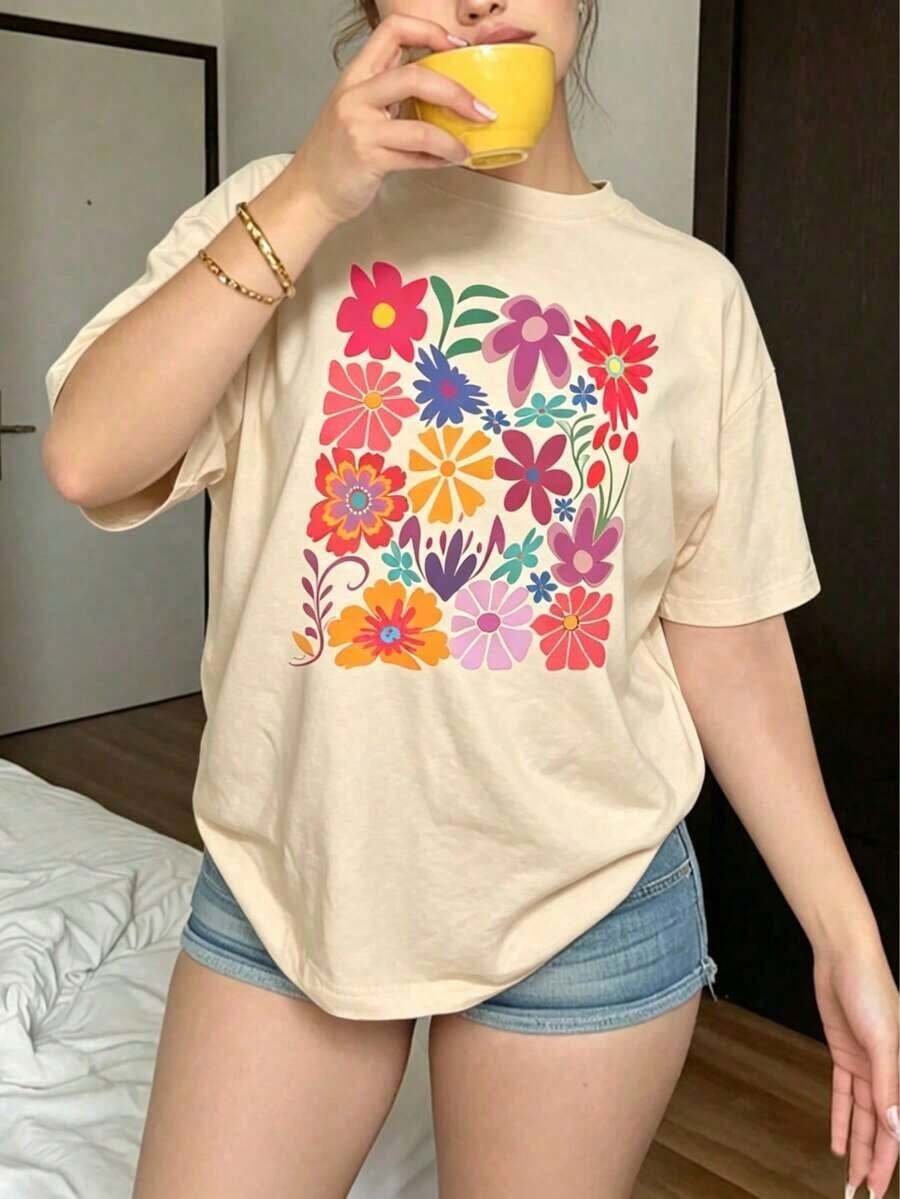 New Spring/Summer 2026 Short Sleeve T-Shirt, Made In Mexico, 200g. 100% Cotton. Women's Casual Shirt With A Cartoon Print, Short Sleeves, And A Round Neck, A Local Urban Fashion For Spring/Summer. Suitable For Couples, Perfect For Layering Or Wearing Alone. Round Neck, Versatile And Unisex. Suitable For Both Office And Casual Occasions. Individually Packaged. The Perfect Short Sleeve T-Shirt For Summer. - 杏 - 查看 1