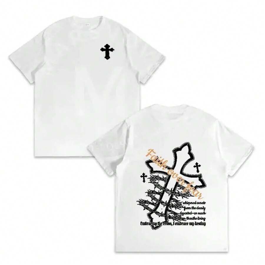 Graphic T-Shirt With Crossed Barbed Wire Print, Oversized Casual T-Shirt For Men And Women, Everyday Wear, Urban Fashion, Y2K Style, Loose Fit, Soft And Comfortable Fabric, Urban Style, Must-Have Garment, Casual T-Shirt, Boyfriend Style T-Shirt, Crew Neck T-Shirt - 白色 - 查看 1