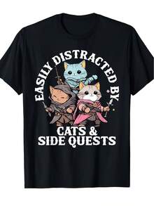 Retro Summer T-Shirt For Cat Lover With Funny Slogan "Easily Disturbed By Cats": Walking Aids And Rainbow Cat Print With RPG Dice, Loose And Casual Fit For Tabletop RPG Enthusiasts And Board Game Players. Loose And Comfortable. - 後退 - 查看 1