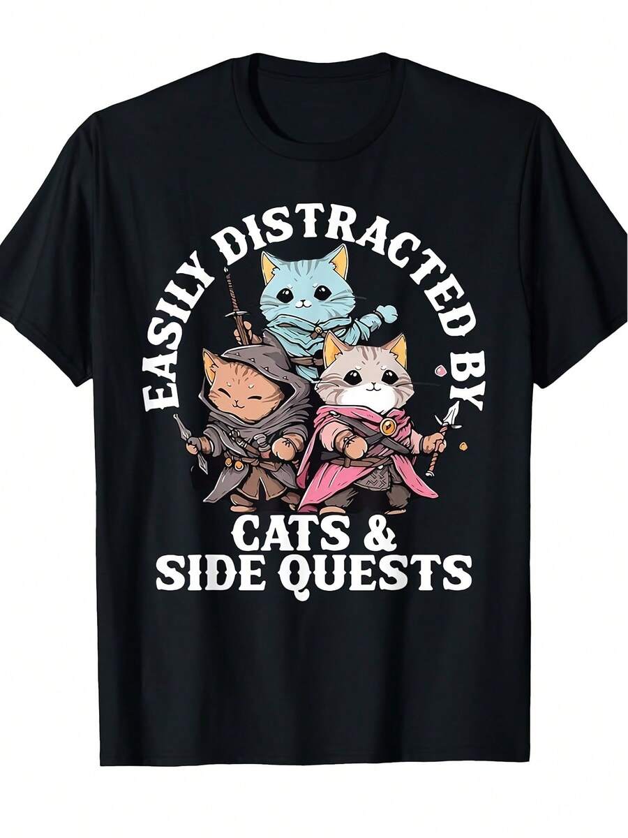 Retro Summer T-Shirt For Cat Lover With Funny Slogan "Easily Disturbed By Cats": Walking Aids And Rainbow Cat Print With RPG Dice, Loose And Casual Fit For Tabletop RPG Enthusiasts And Board Game Players. Loose And Comfortable. - 後退 - 查看 1