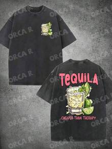 Men's & Women's High-Quality Pure Cotton Short-Sleeved T-Shirt With A Vintage Effect, Soft And Comfortable, With A Loose And Fashionable Fit, Featuring A Design That Includes A Glass Of Tequila And Lime Elements, Along With The Fun Text "TEQUILA CHEAPER THAN Relax", Suitable For Daily Commutes, Outings, Holiday Gifts, Parties And Celebrations. - 黑色 1 - 查看 7