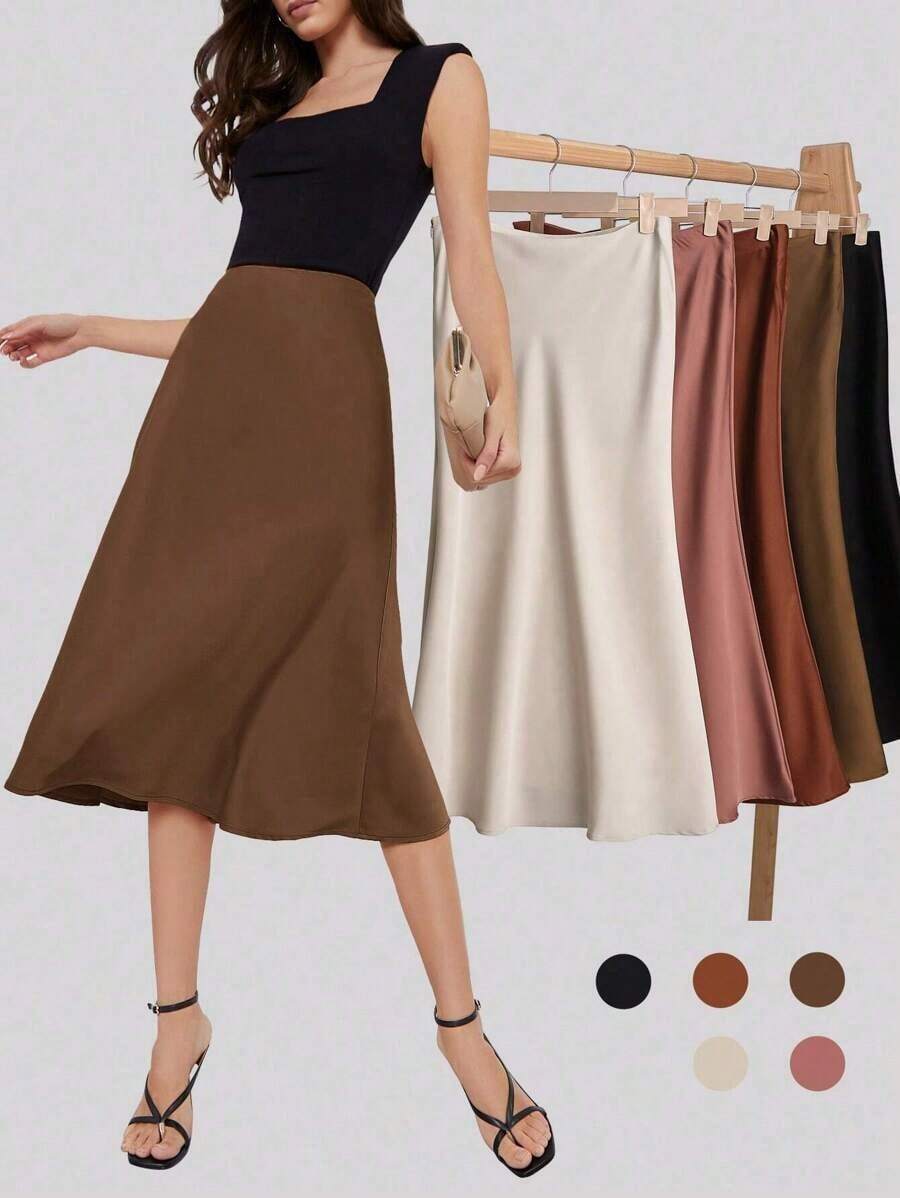 de satén de cintura alta de unicolor para mujer, falda minimalista elegante para oficina y uso diario, adecuada para el trabajo, casual de negocios, profesora - Café integral - Ver 1