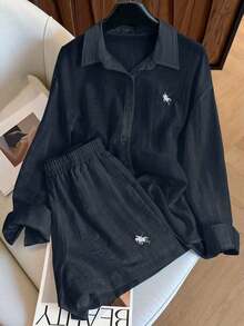 Conjunto de camisa de manga larga a rayas de un solo pecho y pantalones cortos versátiles de estilo vintage casual - Azul marino - Ver 1