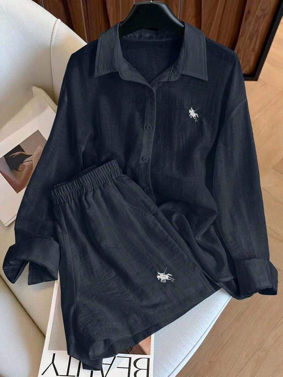 Conjunto de camisa de manga larga a rayas de un solo pecho y pantalones cortos versátiles de estilo vintage casual - Azul marino - Ver 1
