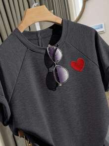 Conjunto de camiseta y pantalones cortos para mujer, diseño de patchwork de mezclilla vintage, top casual elegante para salidas de verano, estampado gráfico, versátil para uso diario, al aire libre, compras, viajes - Gris Oscuro - Ver 4