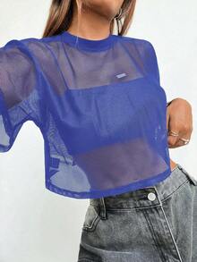 Top de malla negra de manga corta para mujer - azul real - Ver 3