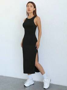 Vestido tank unicolor de muslo con abertura - Negro - Ver 5