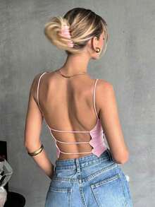 Camiseta De Tirantes Corta Sin Espalda Y Ajustada Con Un Solo Color Para El Verano - Rosa - Ver 6