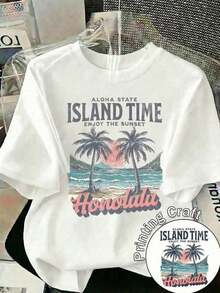 Camiseta Blanca Casual para Mujer con Estampado de Tortuga Verde, Cuello Redondo, Manga Corta, Top de Poliéster para un Estilo Veraniego SDRB - Blanco - Ver 1